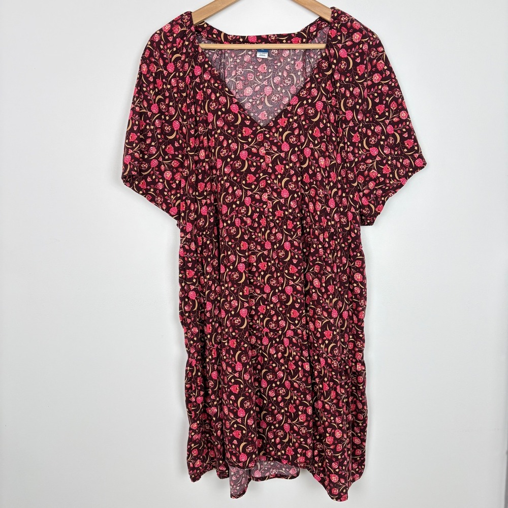 Old Navy Womens Floral Paisley Tiered V Neck Mini Dress XL Burgundy Boho Pockets